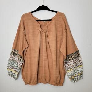 Easel Tan Blouse with Patterned Sleeves